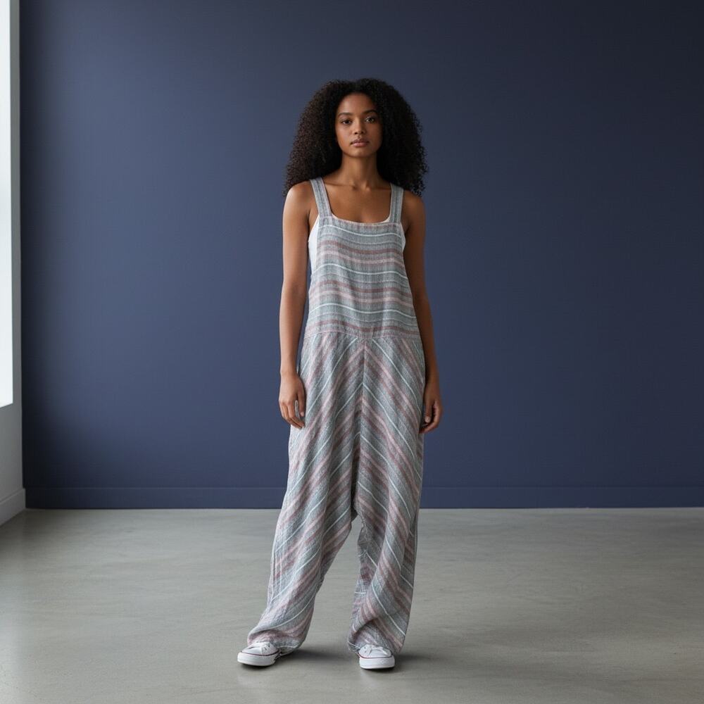 Locker Room Linen Cotton Striped Overall Jumpsuit S/M Pink Beige Wide Leg Boho